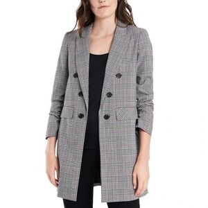 1 State Glen Plaid Ruched Sleeve Double Breasted Blazer Grey Red Check Size 18W